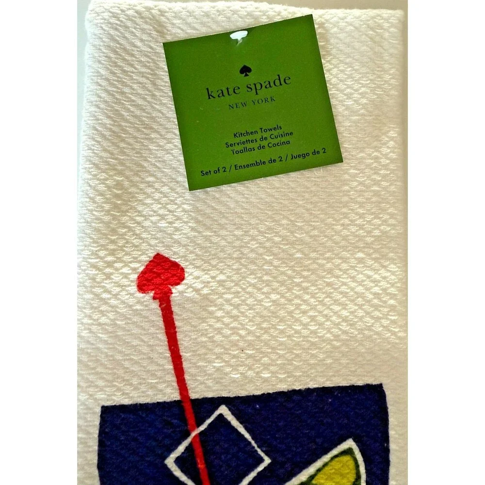 Kate Spade Kitchen Dish Towels Drinks Cocktails Martinis Cotton White Set of 2